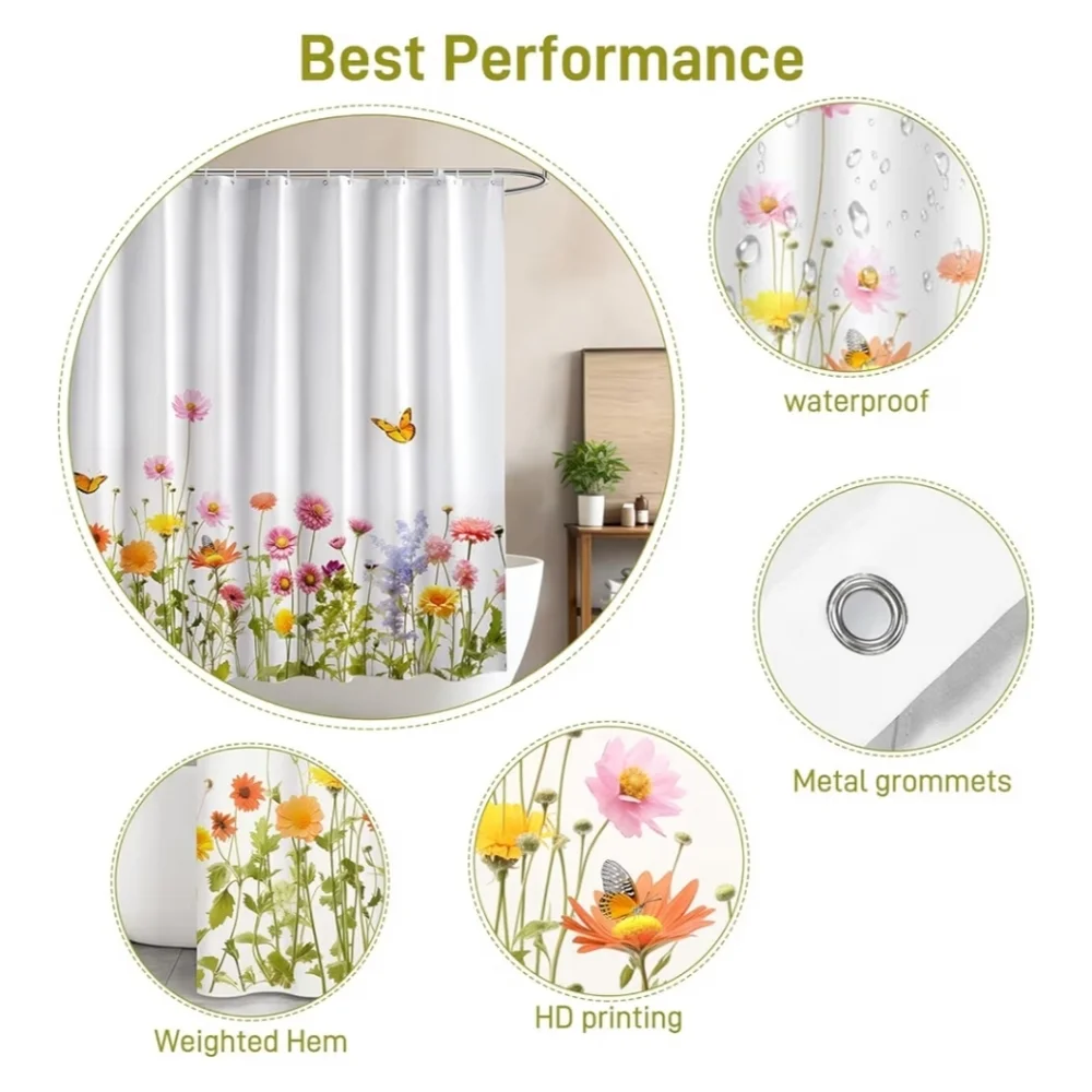 Floral Shower Curtain with Butterflies - White and Multicolor